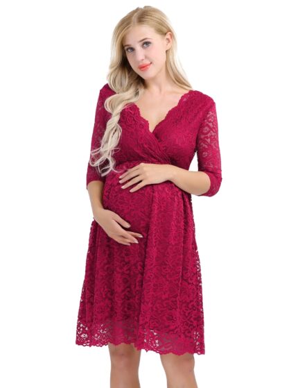 Womens Maternity Elegant Floral Lace Overlay V Neck Half Sleeve Knee Length Pregnant Photography Dress